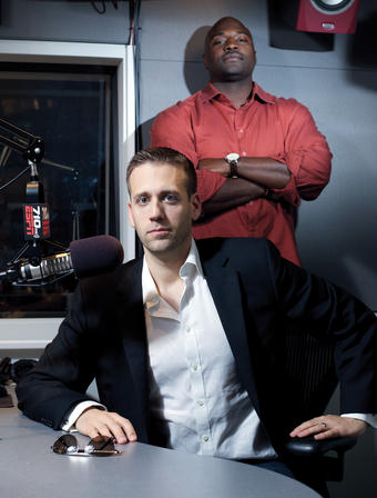When Marcellus Wiley ’97 (standing) was starring in football at Columbia, Max Kellerman ’98 already had begun his broadcasting career by hosting a talk show about boxing on public access television. Now they co-host the midday show on ESPN Radio 710 AM Los Angeles. PHOTO: MAX S. GERBER